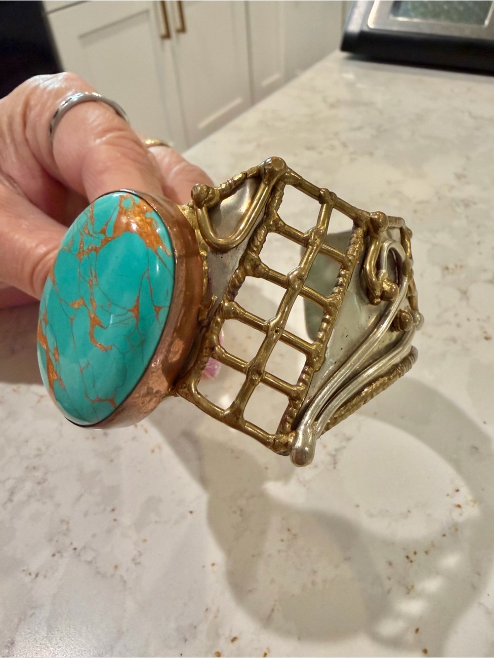 Vintage Mixed Metal Brutalist Turquoise Cuff Bracelet Statement Grid Lattice - Picture 13 of 15